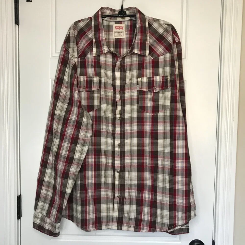 Levi's Pearl Snap Button Down Shirt Men's XXL Plaid‎ Long Sleeves Cotton Blend